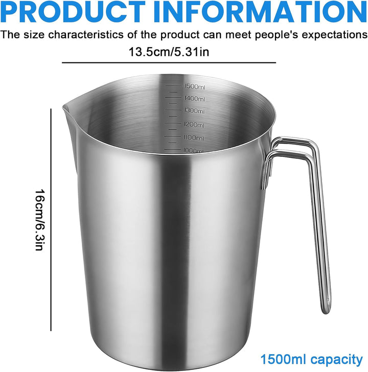 Messbecher Edelstahl 1500 ML, Milchkännchen Messkanne Mit Masseinheiten & Griff, Edelstahlmessbecher