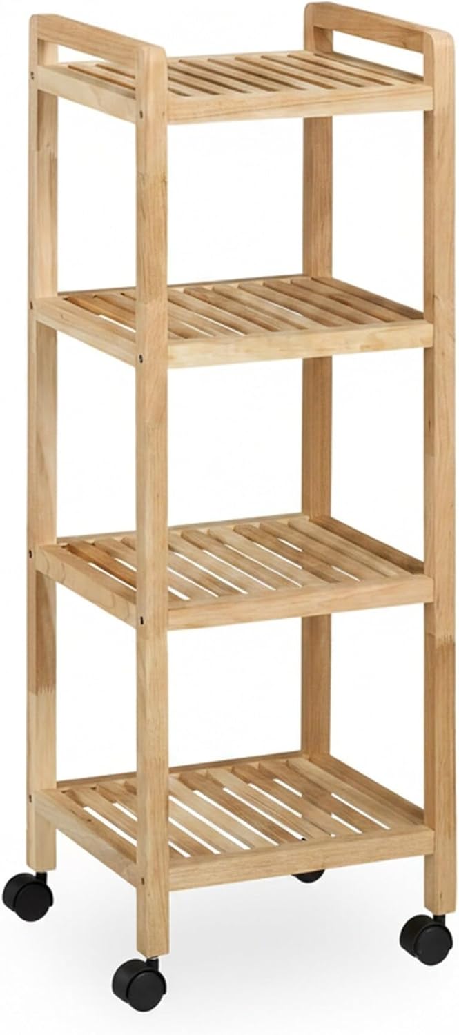 Relaxdays Badregal, Holz, HxBxT: 97 x 35 x 31 cm, Holzregal mit Rollen, 4 Ablagen, Regal für Badezim