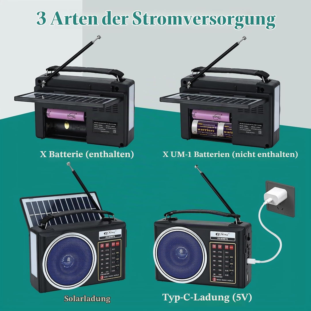 Tragbares Retro-Radio, kompaktes AM/FM/SW-Bluetooth-Radio mit Solarpanel, tragbare LED-Beleuchtung,