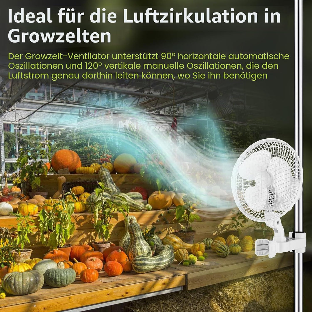 Grow Ventilator mit Clip, 20W Oszillierender Lüfter mit 2-Geschwindigkeiten, 1.5m Kabel, 20cm Durchm