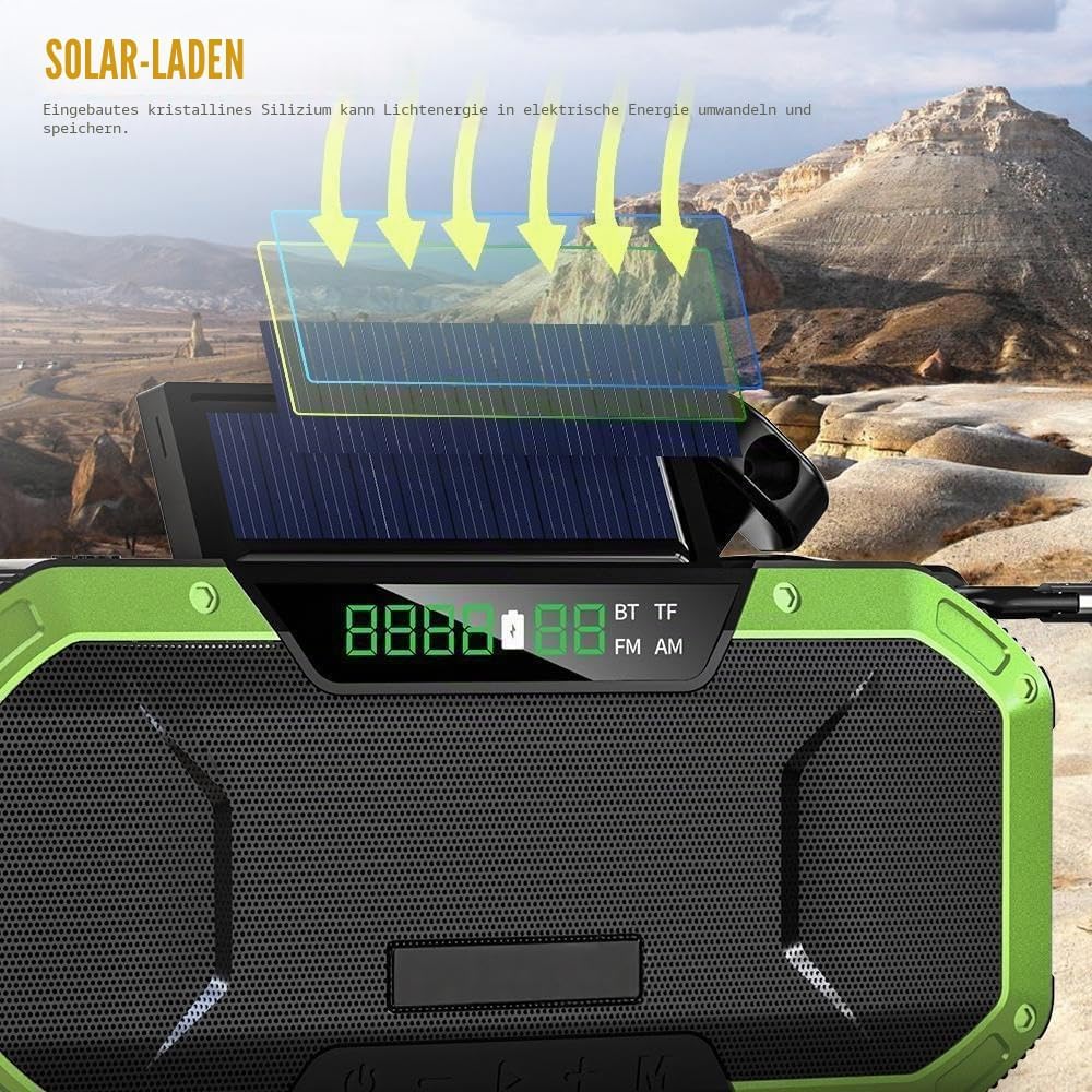 Kavolet Solar Radio, Tragbar Kurbelradio Dynamo Radio mit AM/FM, 5000mAh Power Bank Ladegerät Blitzl