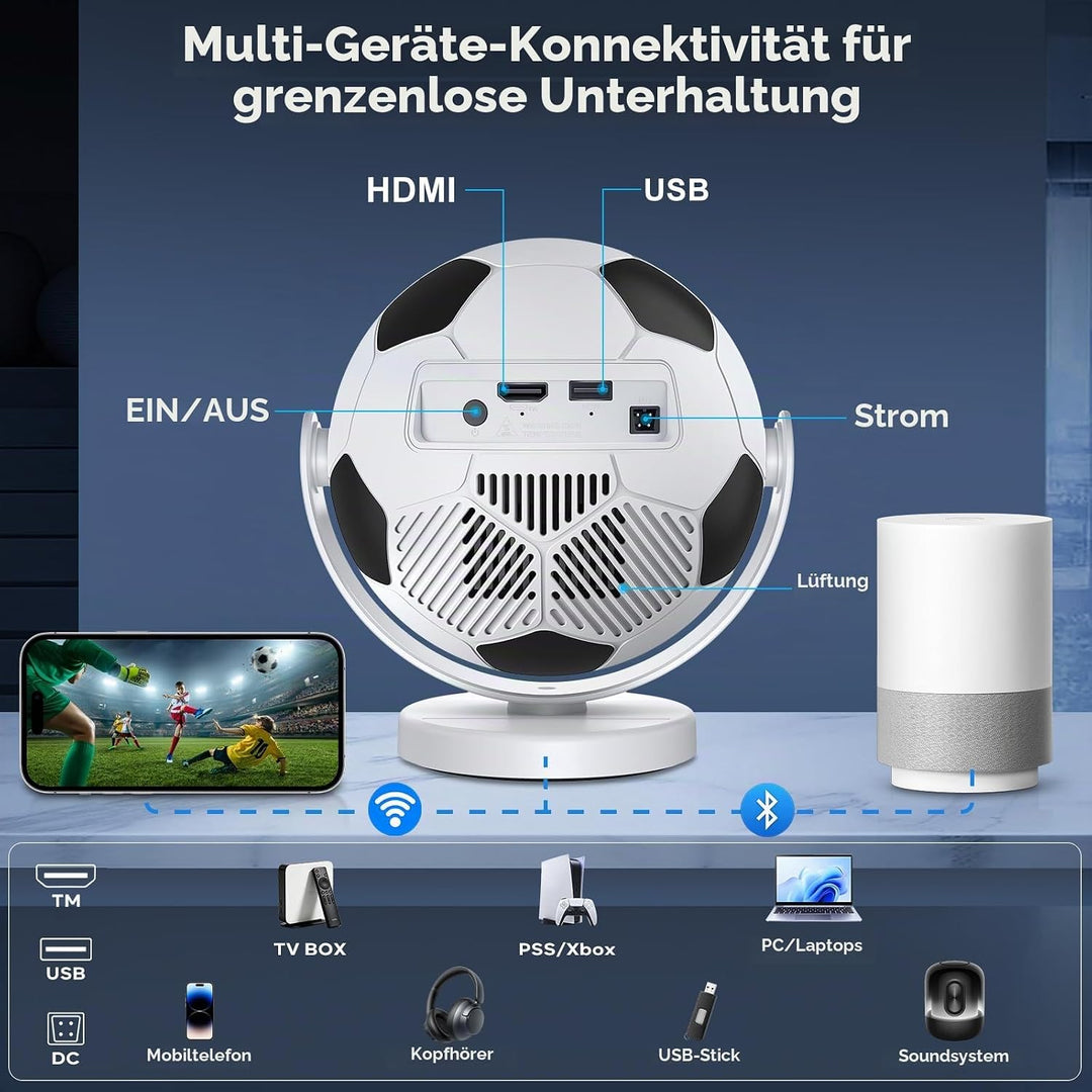 [Fussball-Beamer] Mini Beamer,Smart Projektor mit WiFi 6 und Bluetooth 5.4,Android 14,180°Dreh,Auto
