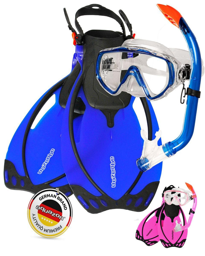 AQUAZON Miami Schnorchelset, Schwimmset, Tauchset, Taucherbrille mit Anti Fog Tempered Glas, Silkon,