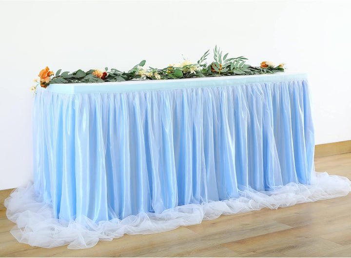 HBBMAGIC Baby Blau Tüll Tischrock Mit Licht, 2-Langer 275cm Lang Blau Rüschen Tulle Tischröcke, Wasc