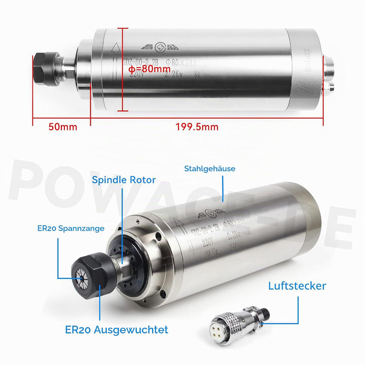 RATTMMOTOR 2.2kW 220V Wassergekühlter Spindelmotor mit 14 Stück ER20 Spannzangen und VFD Frequenzumr