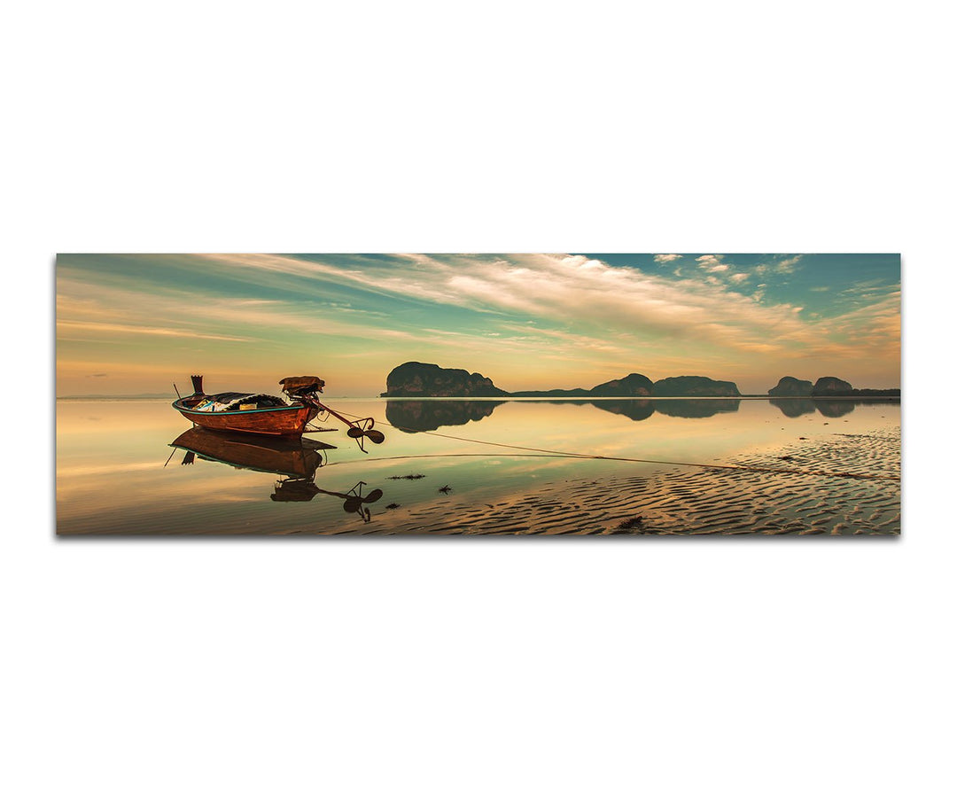 Paul Sinus Art Panoramabild auf Leinwand und Keilrahmen 150x50cm Strand Meer Boot Felsen Wolken Spie
