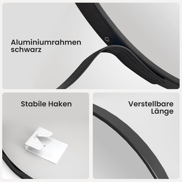 Heilmetz Spiegel Rund Schwarz Φ60cm – Runder Wandspiegel mit Metallrahmen & abnehmbarem Band, für Ba