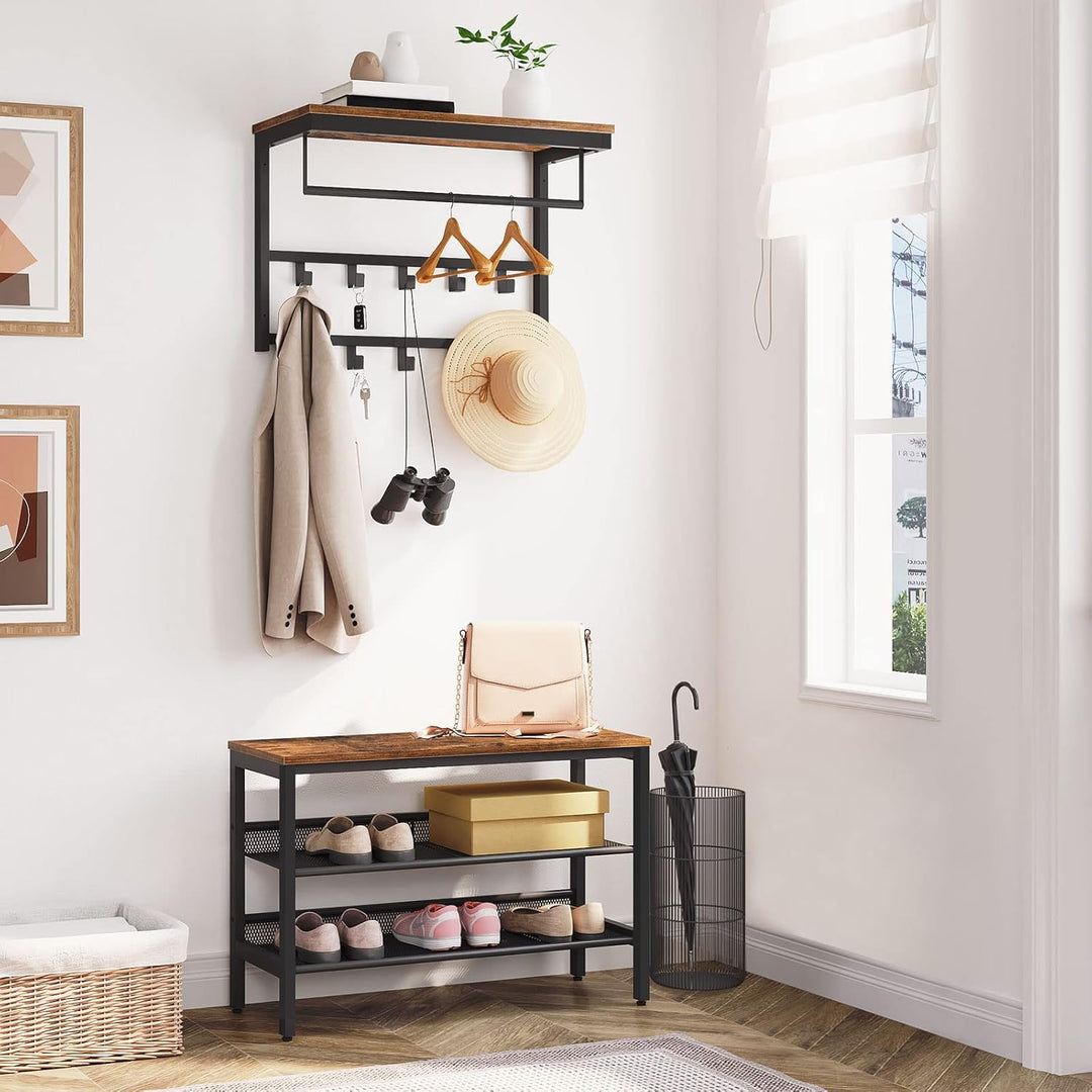 HOOBRO Wandgarderobe mit Ablage, Wandregal mit 10 Haken und Stangen, Wandmontiertes Hängeregal, 60 x