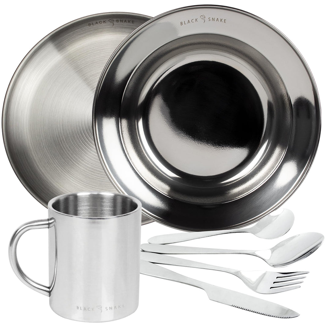 Black Snake® Camping Set - Edelstahl Teller &amp; Tasse mit Besteck | Flacher &amp; tiefer Teller, Lunch-Bes