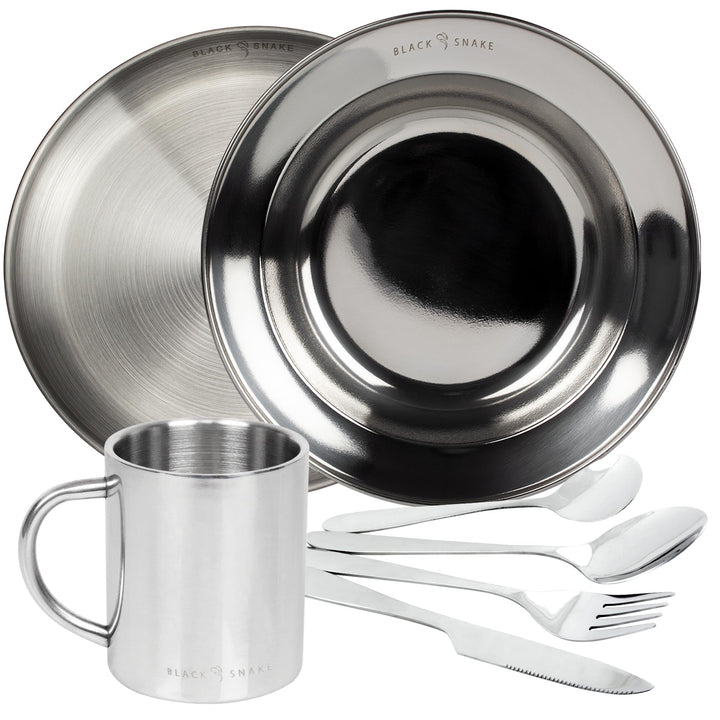 Black Snake® Camping Set - Edelstahl Teller &amp; Tasse mit Besteck | Flacher &amp; tiefer Teller, Lunch-Bes