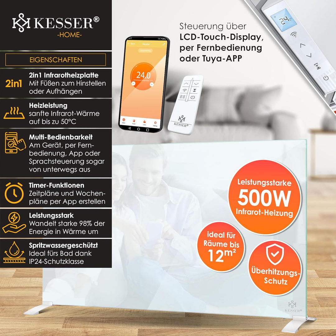 KESSER® Infrarotheizung 500W Glaskonvektor Glasheizung Energiesparend 2in1 Standgerät & Wandmontage