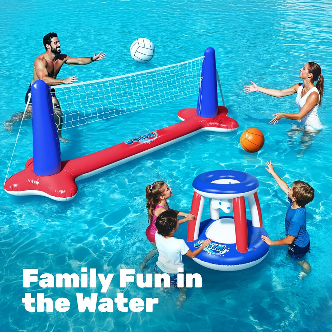 JOYIN Aufblasbare Pool Float Set, Volleyballnetz & Basketballkörbe & Bälle für Kinder und Erwachsene