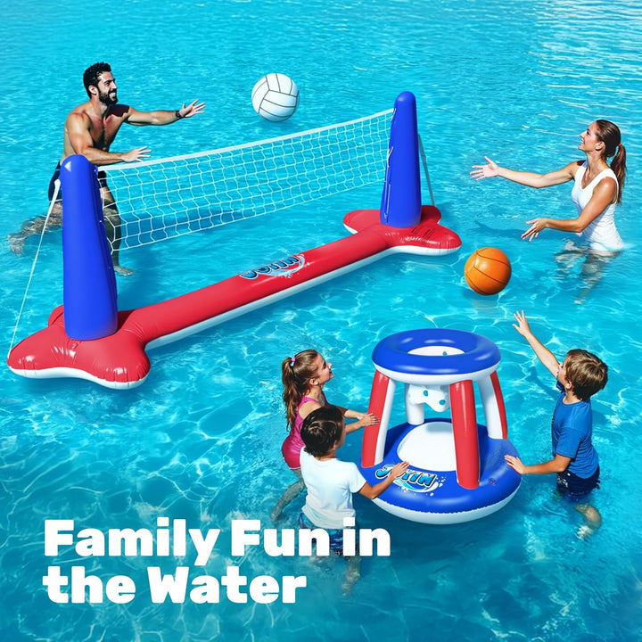 JOYIN Aufblasbare Pool Float Set, Volleyballnetz & Basketballkörbe & Bälle für Kinder und Erwachsene