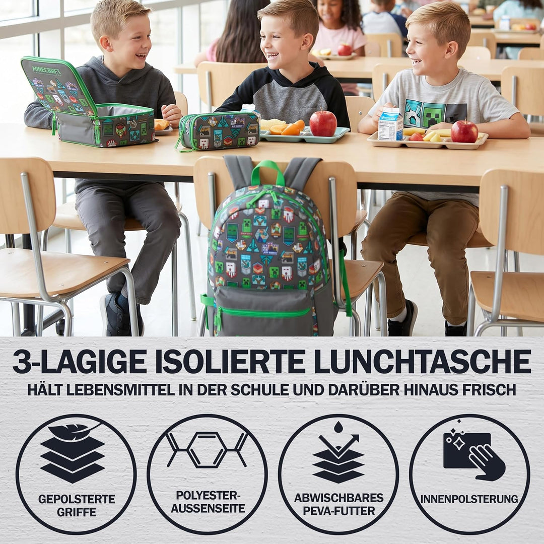 Get Trend Minecraft Grosser Rucksack Kinder 3er Set, 46 cm Kinderrucksack mit Federmäppchen und Isol