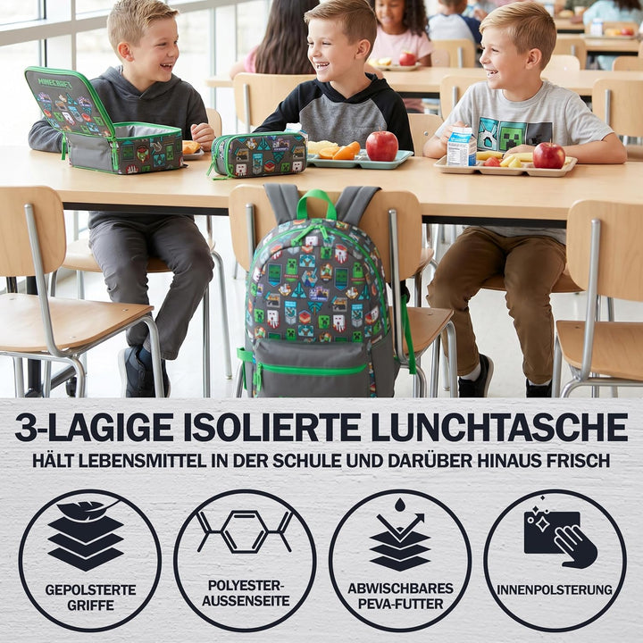 Get Trend Minecraft Grosser Rucksack Kinder 3er Set, 46 cm Kinderrucksack mit Federmäppchen und Isol