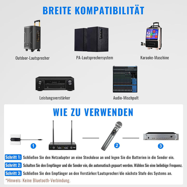 Phenyx Pro Mikrofon Drahtloses Mikrofonsystem, kabelloses Handmikrofon-Set für Gesang, Karaoke, Kirc