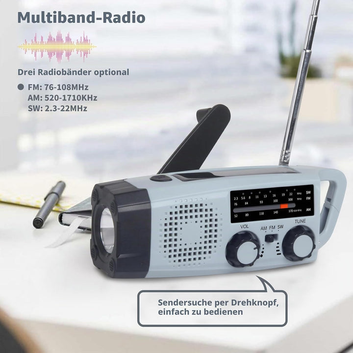 Notfallradio, FM AM SW NOAA Solar Radio Tragbar Kurbelradio mit LED Taschenlampe USB Handy Ladegerät