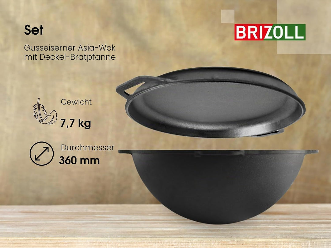 Brizoll Kazan Gusseisen Asian, mit Deckel, Bratpfanne, Dutch Oven, 8 l, Schwarz (KA08-3)