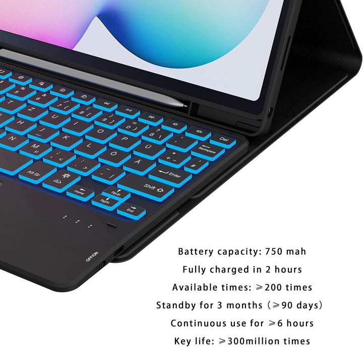 für Samsung Galaxy Tab S6 Lite 10,4 Zoll 2024/2022/2020 Hülle mit Tastatur QWERTZ : 7-Farbige Beleuc