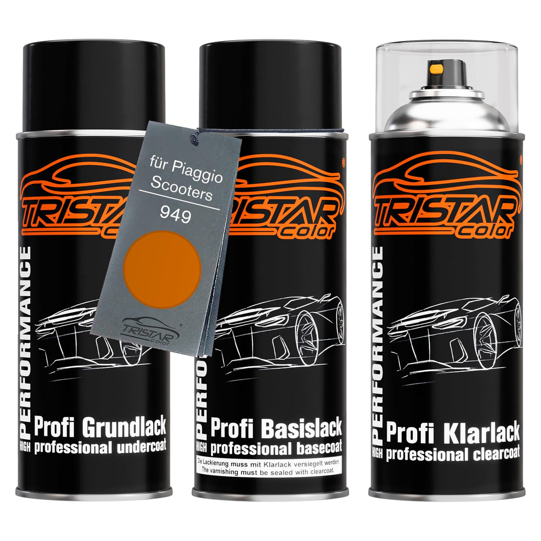 TRISTARcolor Motorradlack Spraydosen Set für Piaggio Scooters 949 Arancio Giotto Perl Grundlack Basi