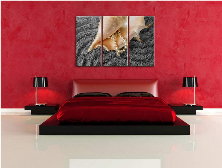 Muschel mit Perlenkette im Sand schwarz/weiss 3-Teiler Leinwandbild 120x80 Bild auf Leinwand, XXL ri