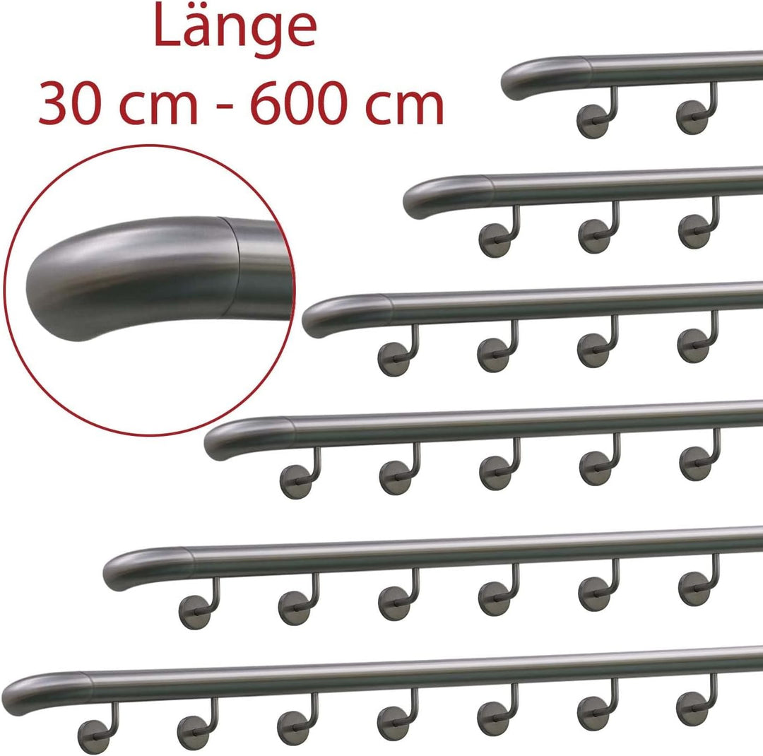 TIBU Handlauf Geländer Edelstahl Ø 42,4 mm - Länge 80 cm - Ende Bogen zur Wand und gewinkelte Halter
