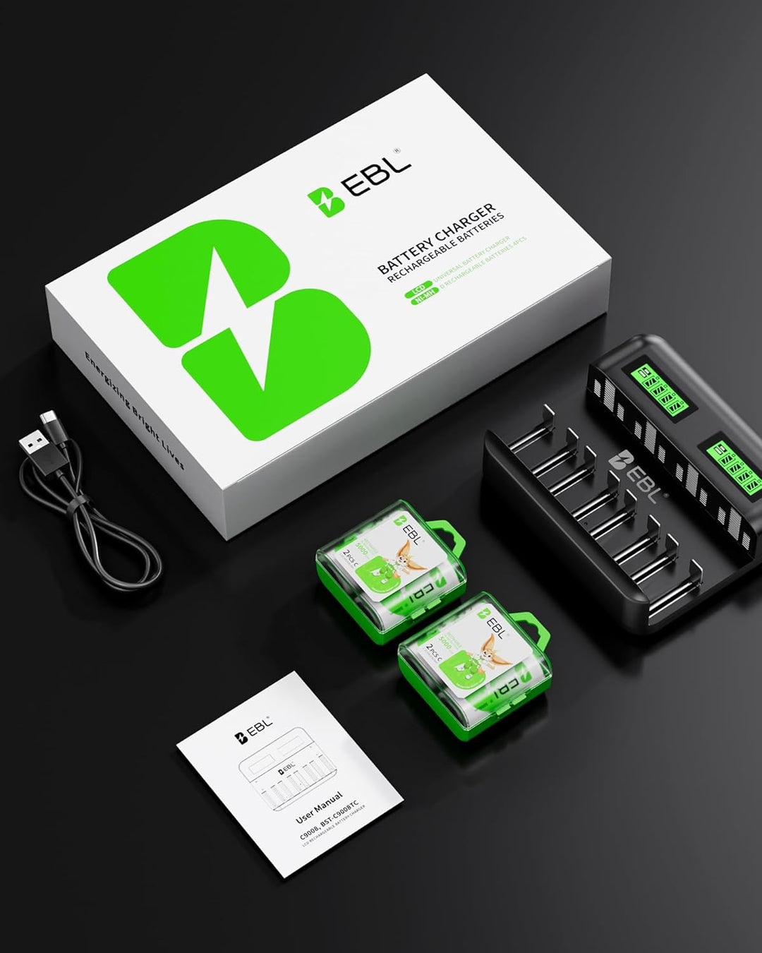 EBL Akku ladegerät inkl. 4X C 5000mAh für AA AAA C D NI-MH Akkus Type C Input Schnell ladegerät, LCD