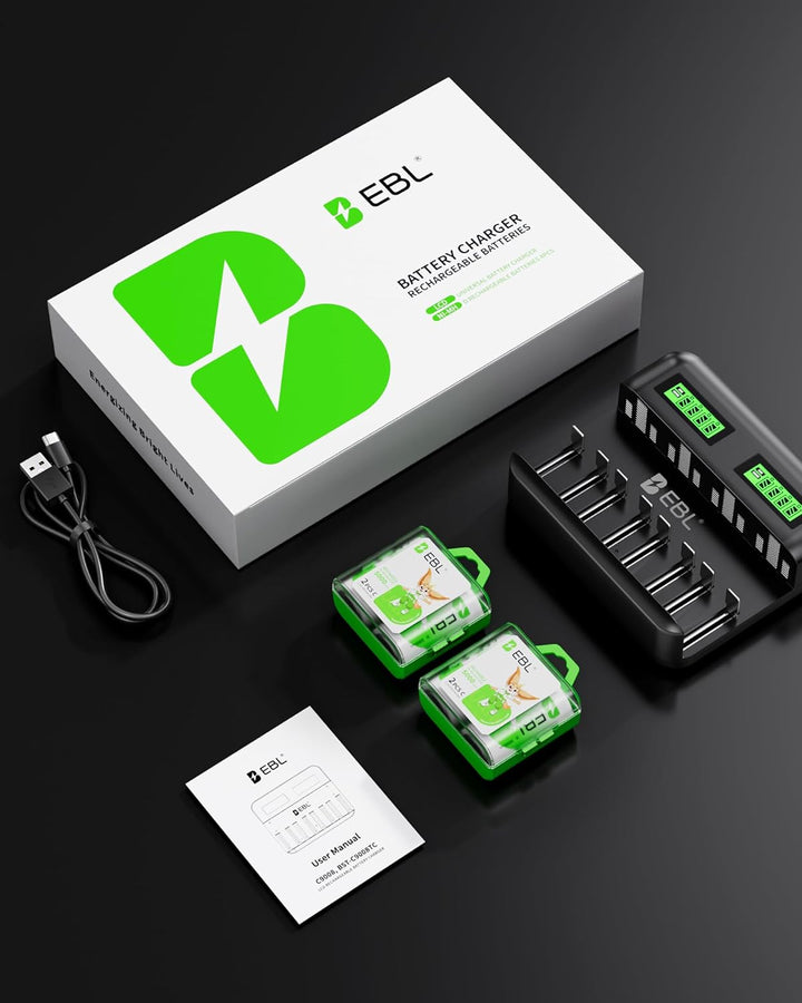 EBL Akku ladegerät inkl. 4X C 5000mAh für AA AAA C D NI-MH Akkus Type C Input Schnell ladegerät, LCD