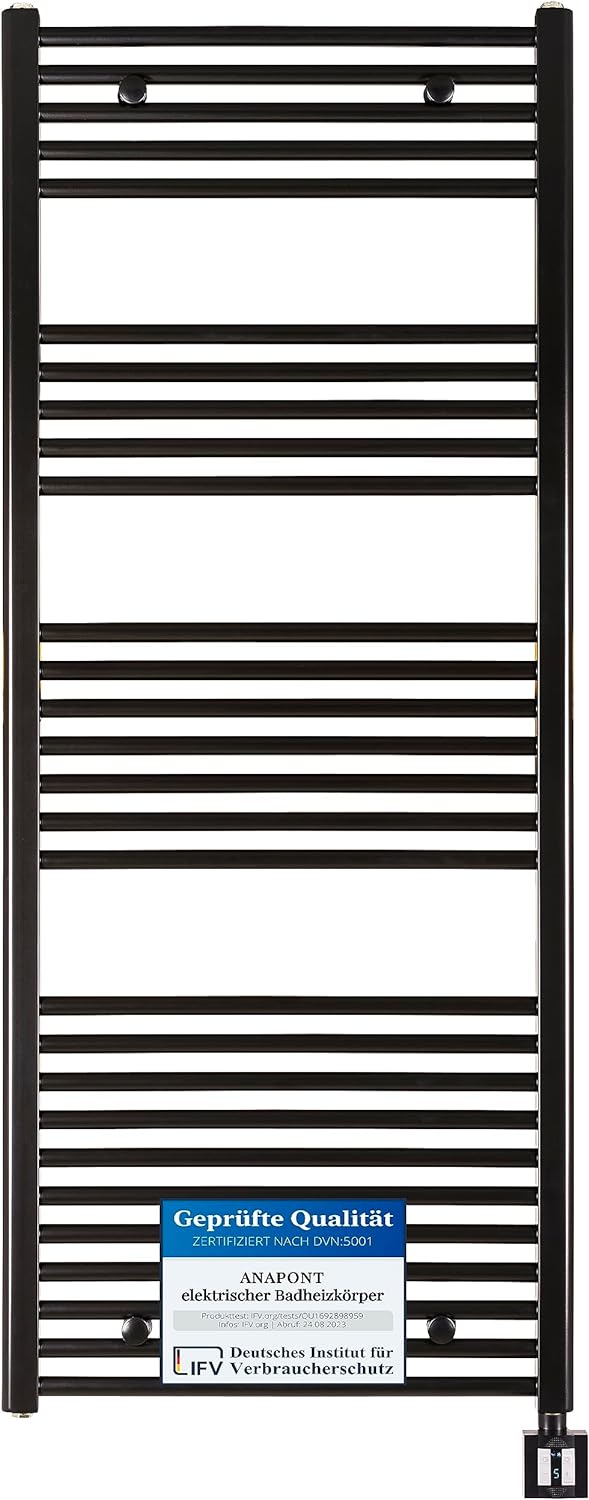 anapont elektrischer Badheizkörper 1475hx600b - schwarz - mit Timer-Funktion - Handtuchheizkörper -