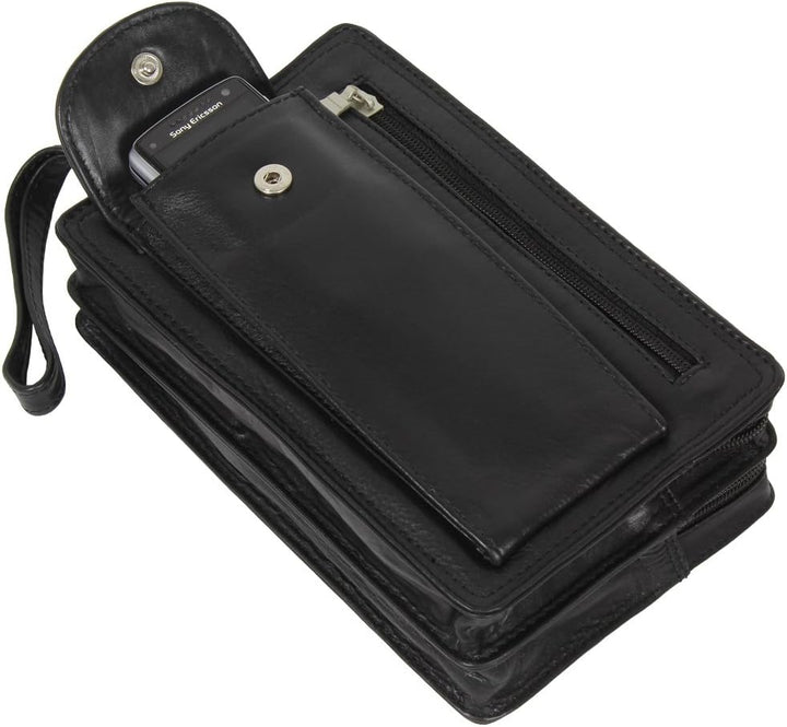 Handgelenktasche mit Doppelkammer und Handyfach schwarz Nappaleder für Herren