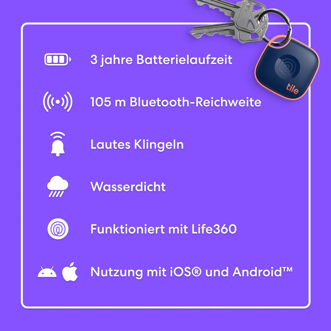 Tile by Life360 Mate - Bluetooth-Tracker, Schlüssel- und Gegenstandsfinder für Schlüssel, Taschen un