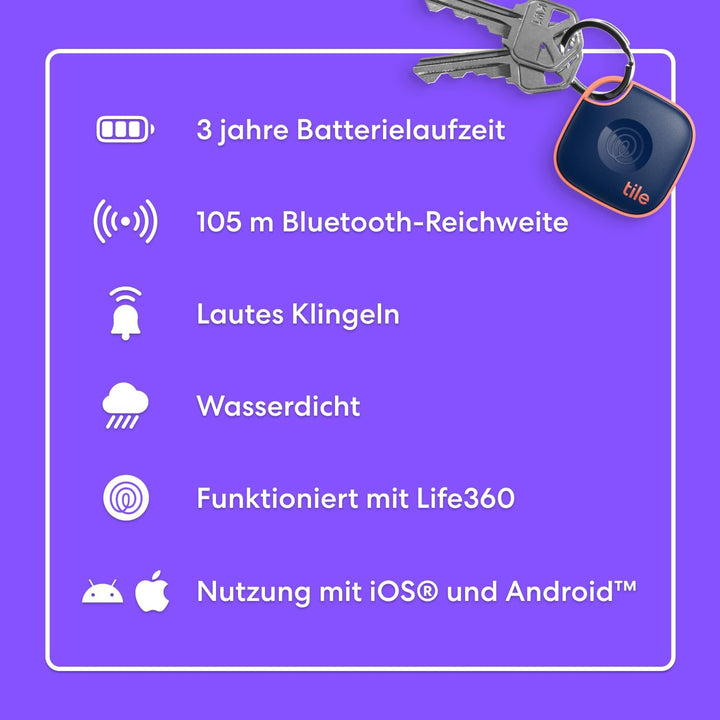 Tile by Life360 Mate - Bluetooth-Tracker, Schlüssel- und Gegenstandsfinder für Schlüssel, Taschen un
