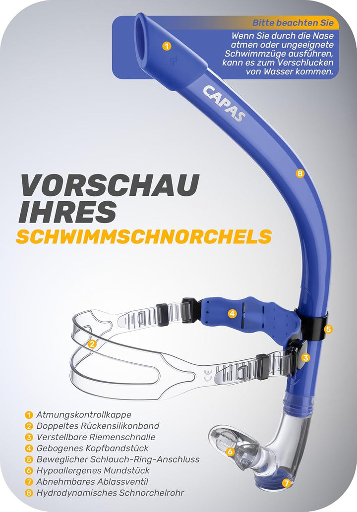 CAPAS Training Schwimmen Schnorchel für Runde Schwimmen, ideale Passform, Schwimmer-Schnorchel mit F