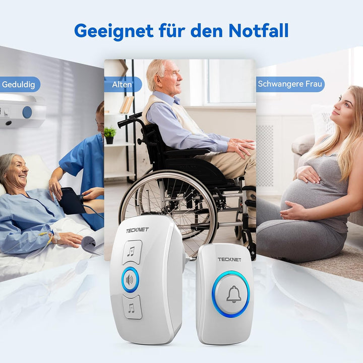 TECKNET Funkklingel, IP65 wasserdichte aussere Funkklingel mit 400 m Reichweite, Funk-Türklingel-Set