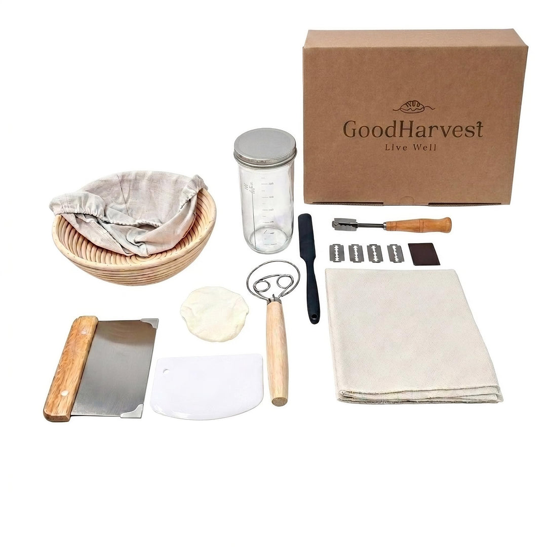 GoodHarvest Sauerteig Starter Set: Premium Komplettset mit Rattan-Gärkörbchen, 600ml Starterglas, Br