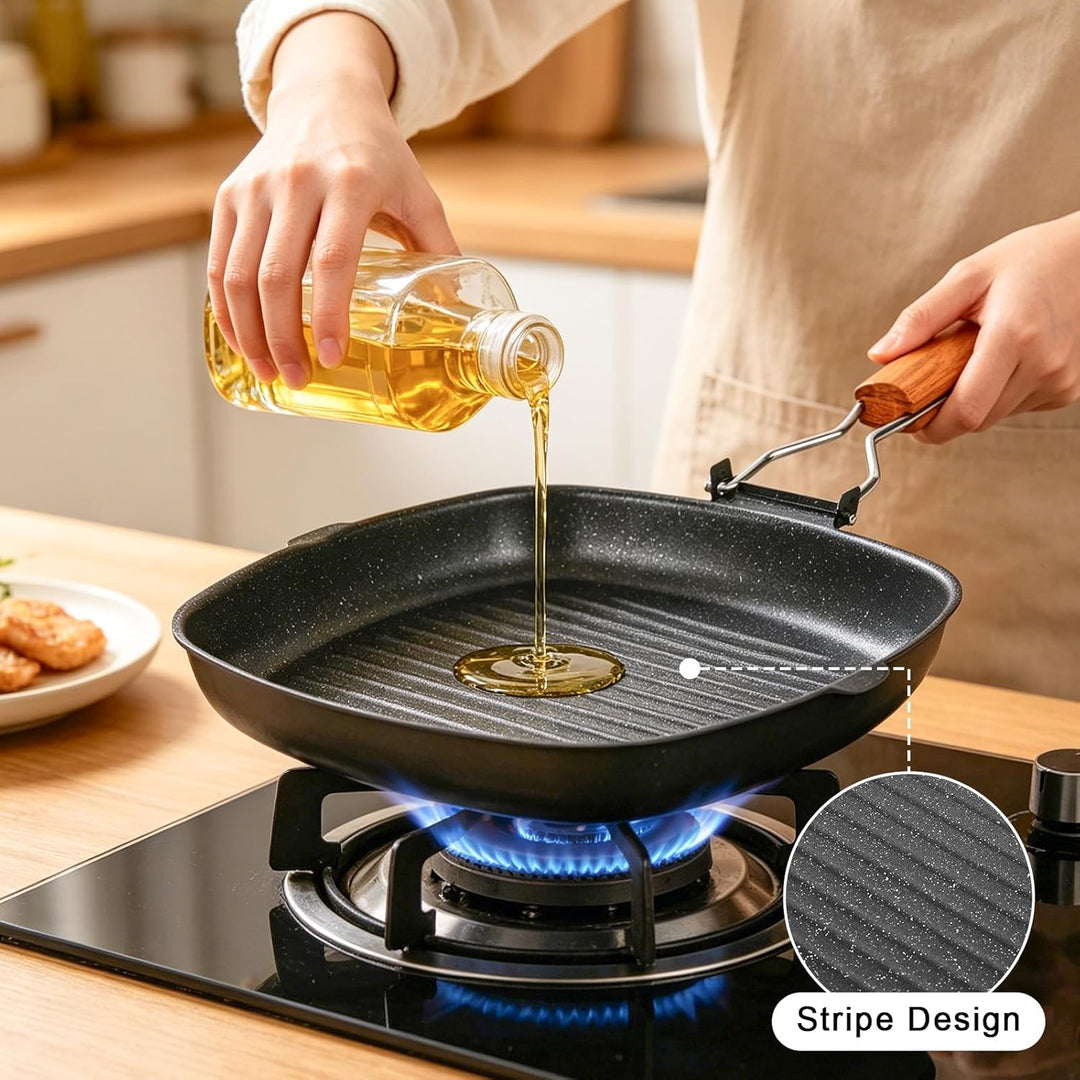 Grillpfanne Induktion, 28 x 28 CM Steakpfanne, Grillpfanne Gusseisen, Antihaft-Grillpfannes Mit Klap