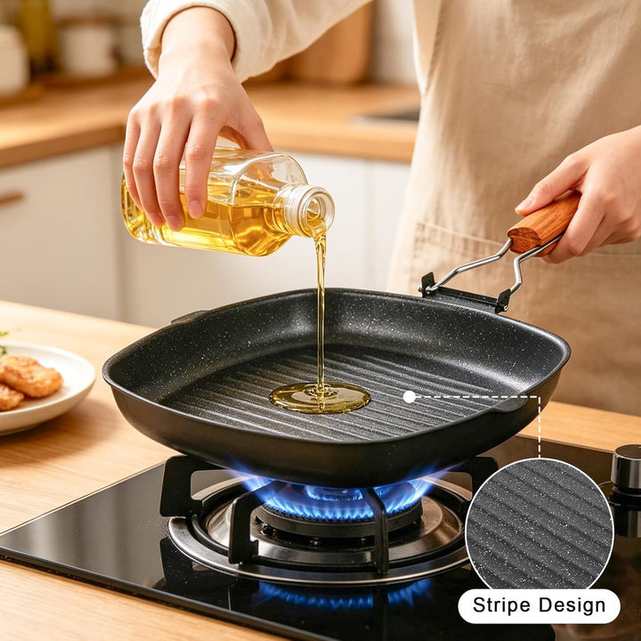 Grillpfanne Induktion, 28 x 28 CM Steakpfanne, Grillpfanne Gusseisen, Antihaft-Grillpfannes Mit Klap
