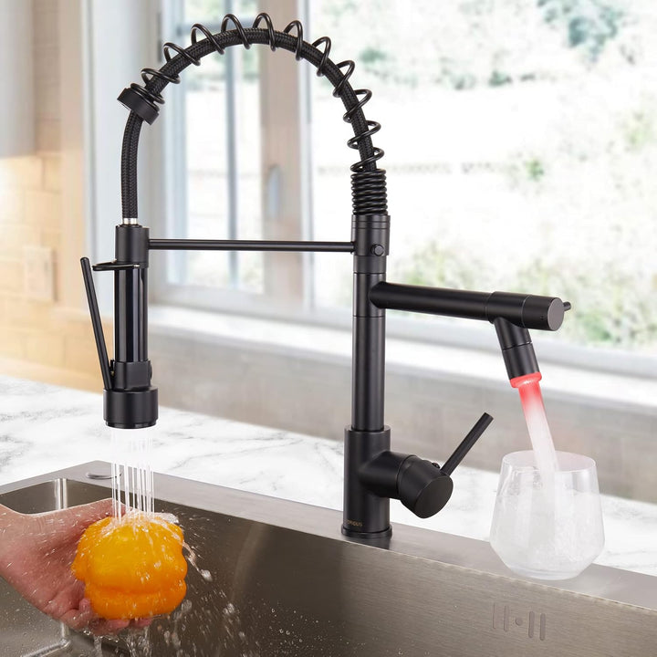 FORIOUS Wasserhahn Küche, Edelstahl-Küchenarmatur mit LED, Spülarmaturen Küche, Zweigriff-Mischbatte