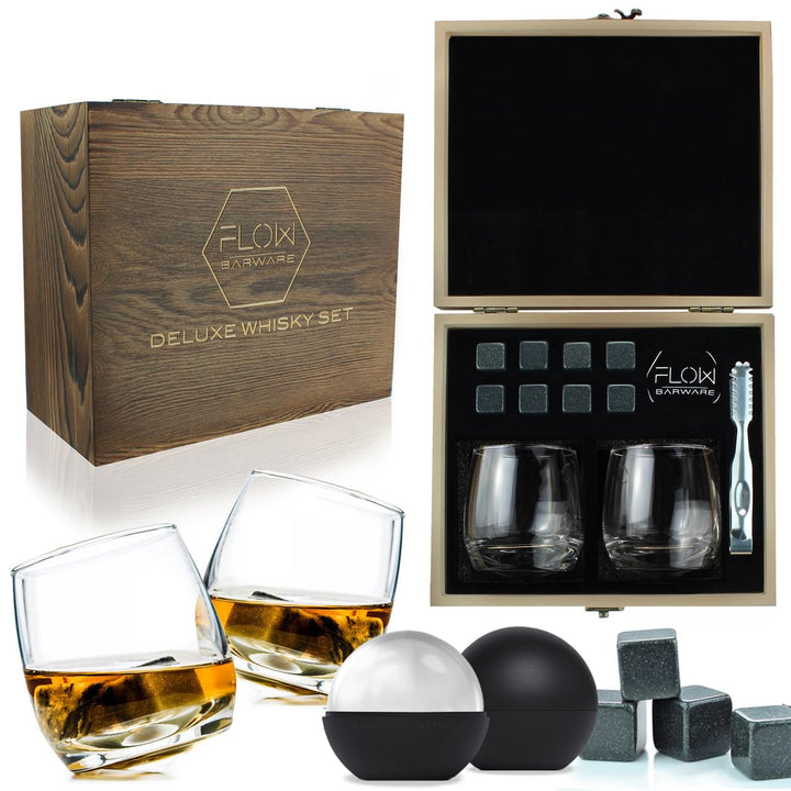 Flow Barware Deluxe Whiskygläser und Whiskysteine, in Geschenkbox aus Holz, italienisches Vintage-Kr