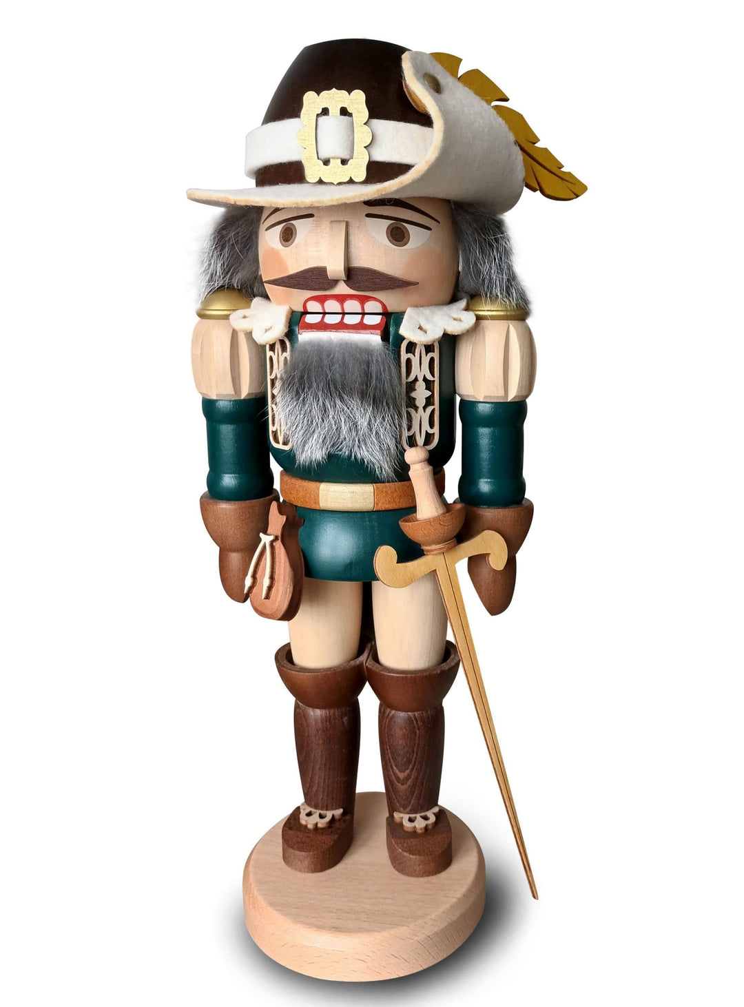 Rudolphs Schatzkiste Nussknacker Naturfarbener Musketier mit Federhut, Degen und Bart Höhe 37,5cm NE