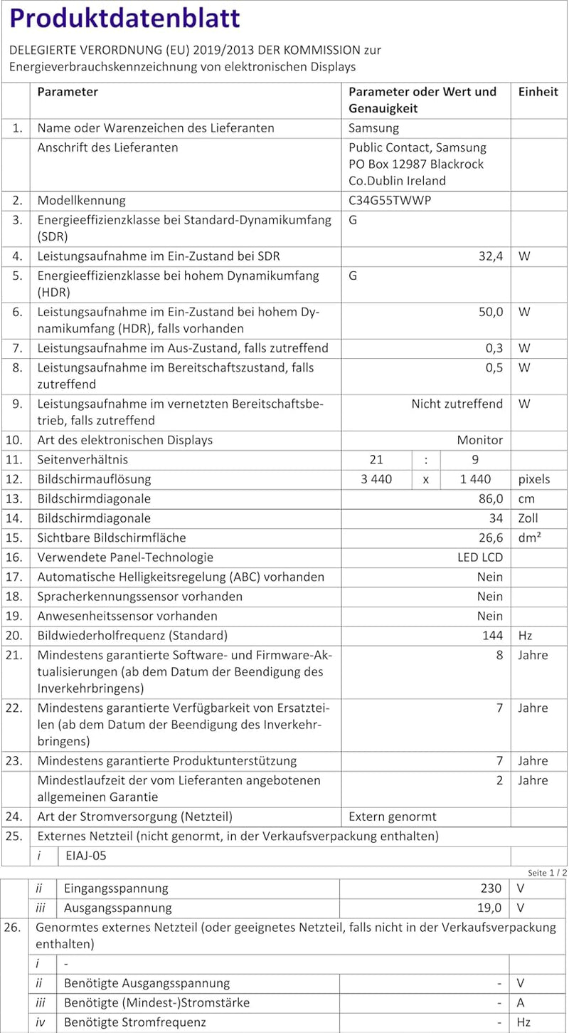 Samsung Gaming Monitor G5 C34G55TWWP, 34 Zoll, VA-Panel, UWQHD-Auflösung, AMD FreeSync Premium, Krüm