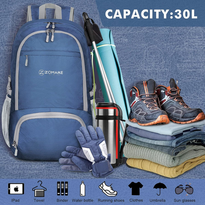 ZOMAKE Leicht Faltbarer Rucksack Packbare Backpacks 30L,Kleiner Faltbar Wanderrucksack Wasserdicht f