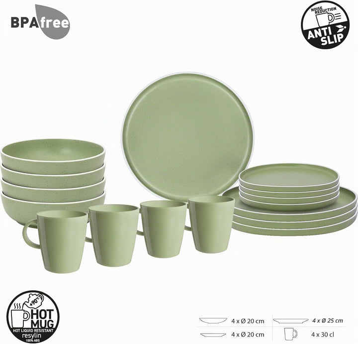 BRUNNER Melamin Geschirr Set Lunch Box Dolomit Stone Touch Camping Teller 16tlg Grün, Grün