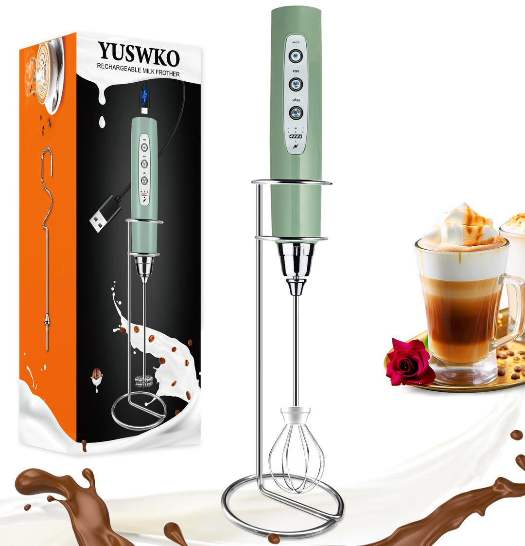 YUSWKO Wiederaufladbarer Milchaufschäumer für Kaffee mit Ständer, Handheld Getränkemixer mit 3 Köpfe