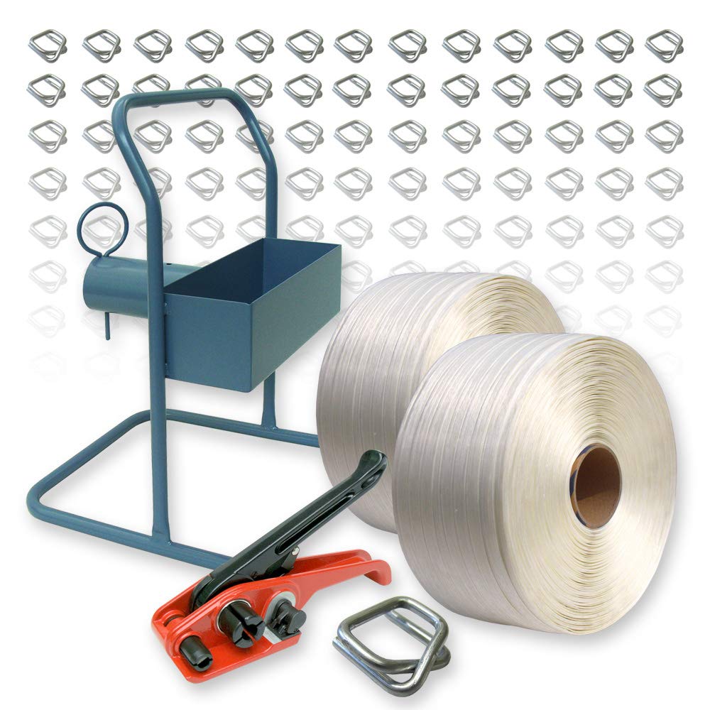 VEMATEC 2 Rollen 19 mm Umreifungsband 600 m, Spanngerät, Abroller, 300 Metallverschlussklemmen - Umr