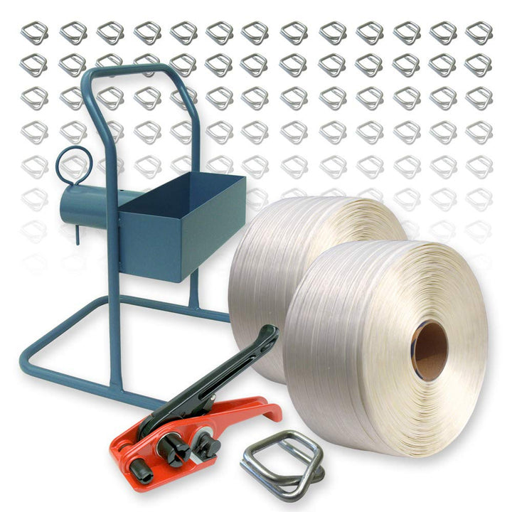 VEMATEC 2 Rollen 19 mm Umreifungsband 600 m, Spanngerät, Abroller, 300 Metallverschlussklemmen - Umr