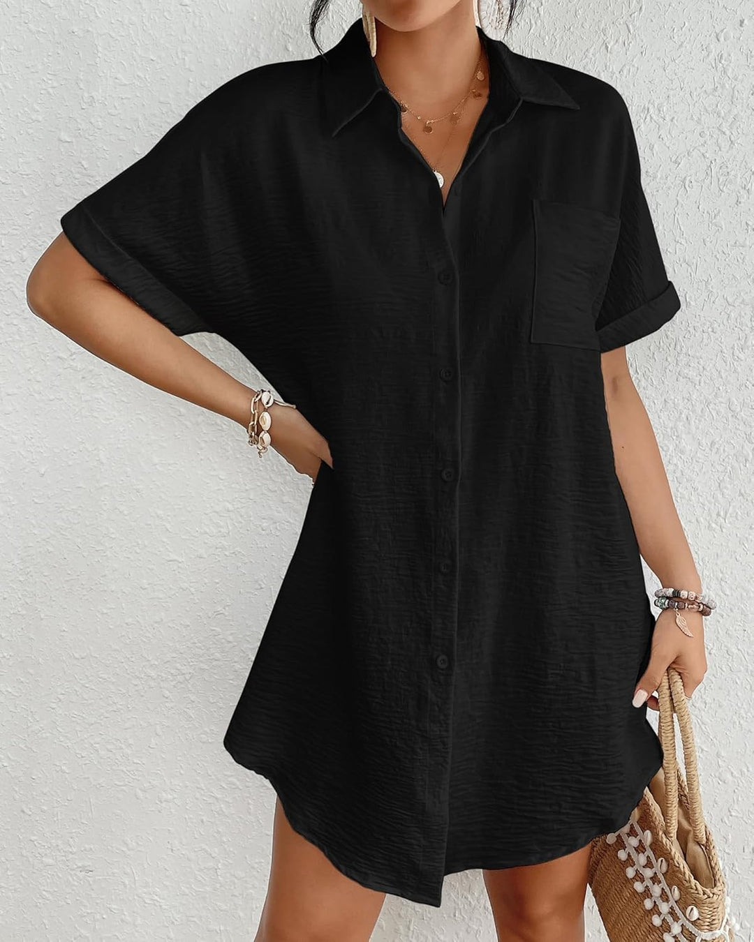 Bsubseach Frauen Badeanzug Coverup Shirt Kleid Button Down Badeanzug Cover Up Beachwear Schwarz S, S