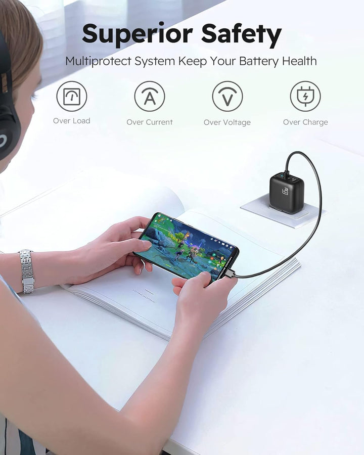 imuto 𝟔𝟓𝐖 USB C Ladegerät 2-Port Schnellladegerät, GaN Laptop-Ladegerät PD3.0 & QC3.0, USB C Netztei