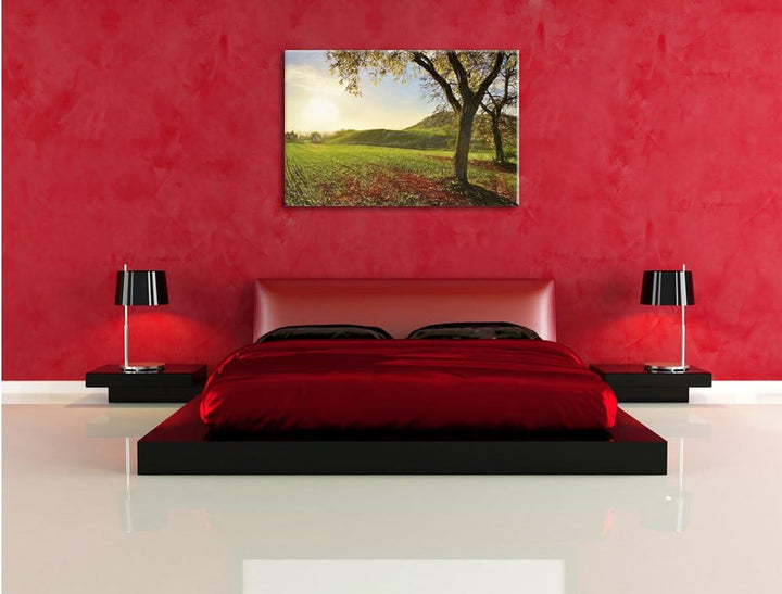 Pixxprint Landschaft im Herbst Kunst Buntstift Effekt, Format: 100x70 auf Leinwand, XXL riesige Bild