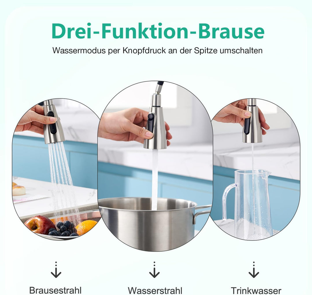 CREA 3 Wege Küchenarmatur mit Brause ausziehbar, Trinkwasserhahn Wasserhahn Armatur Küche, Mischbatt